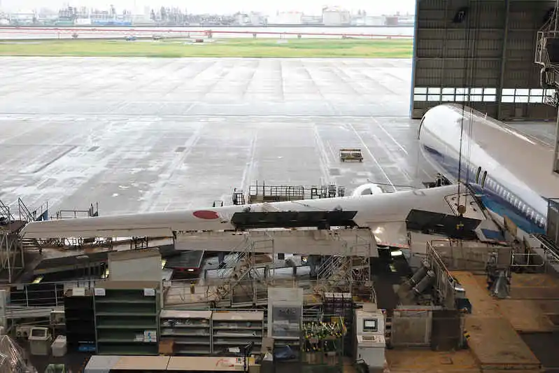 Aircraft is inside the hangar for base maintenance work
