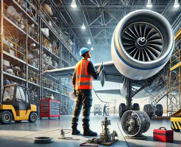 A licensed maintenance technician working in an aircraft inside hangar