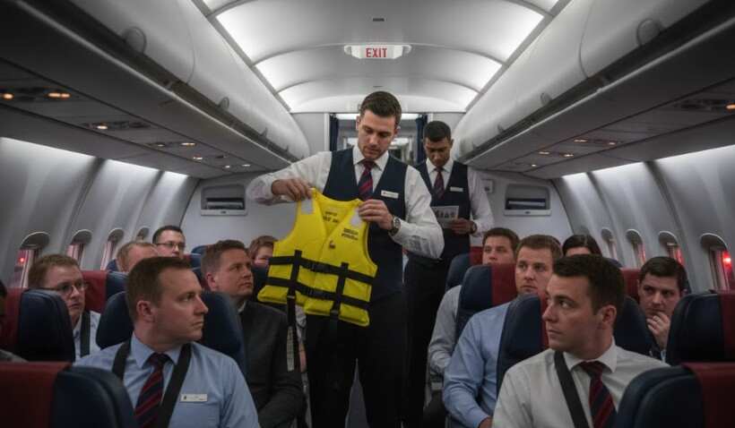 cabin crews are demostrating safety features of aircraft for emegency situation